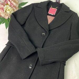 Kate Spade New York Women's Black Twill Peaked Lapel Long Coat Size Small
